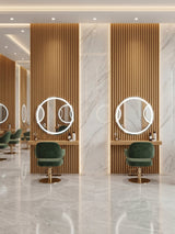Maple Slate fluted wall panels framing round mirrors and styling stations in a salon