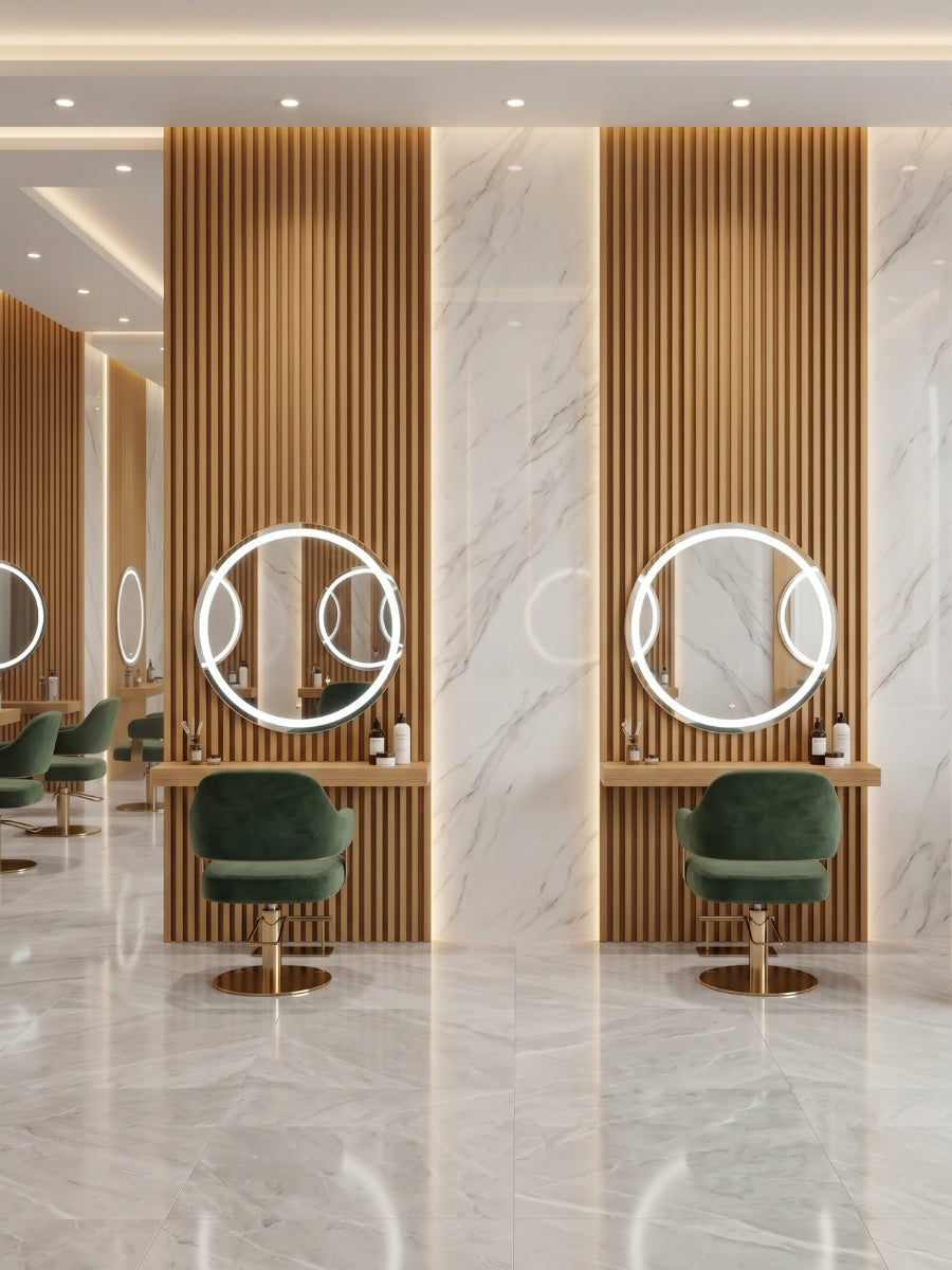 Maple Slate fluted wall panels framing round mirrors and styling stations in a salon