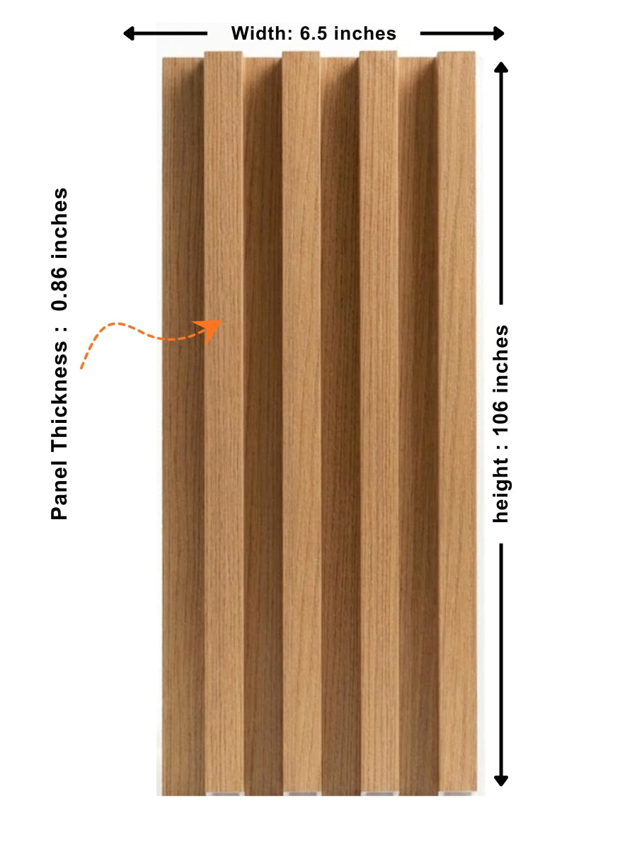 Maple Slate WPC fluted wall panel dimensions showing 6.5-inch width, 106-inch height, and 0.86-inch thickness