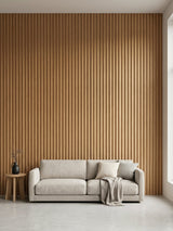 Maple Slate WPC fluted 3D wall panels installed behind a neutral living room sofa