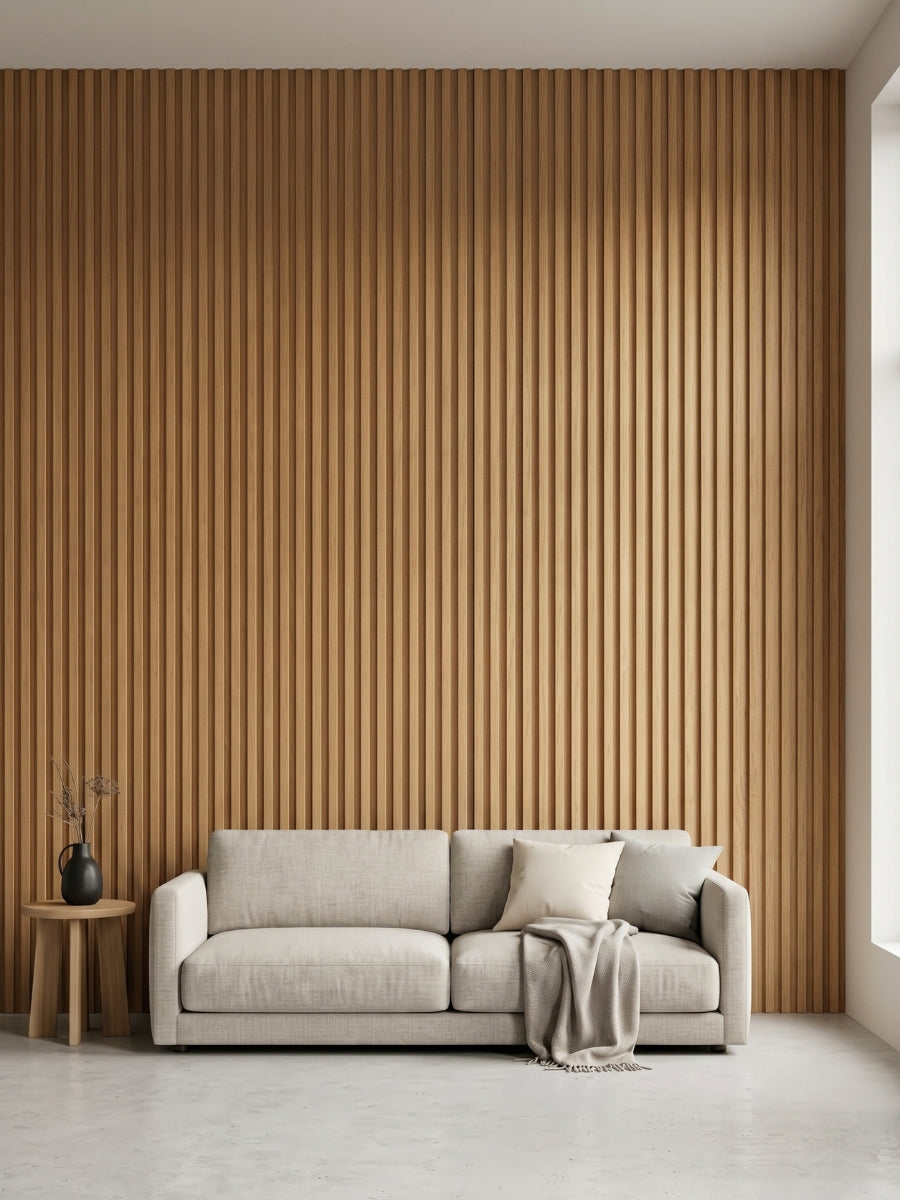 Maple Slate WPC fluted 3D wall panels installed behind a neutral living room sofa