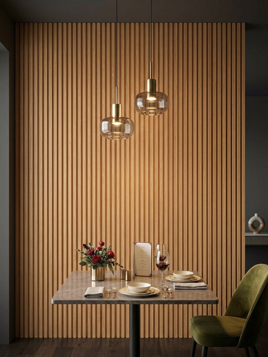Maple Slate WPC fluted panels on a dining area wall with pendant lights