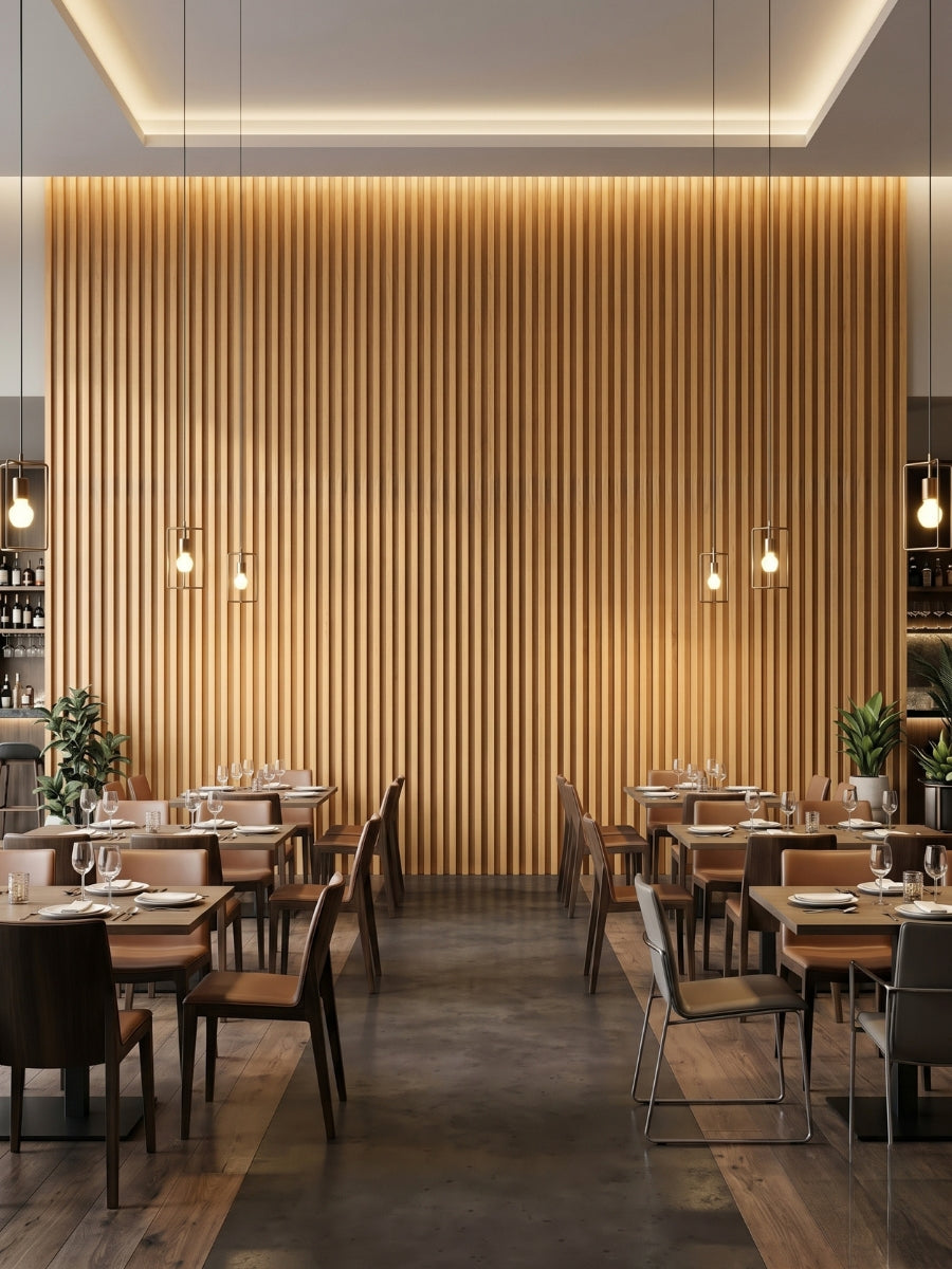 Maple Slate WPC fluted 3D wall panels covering a restaurant feature wall