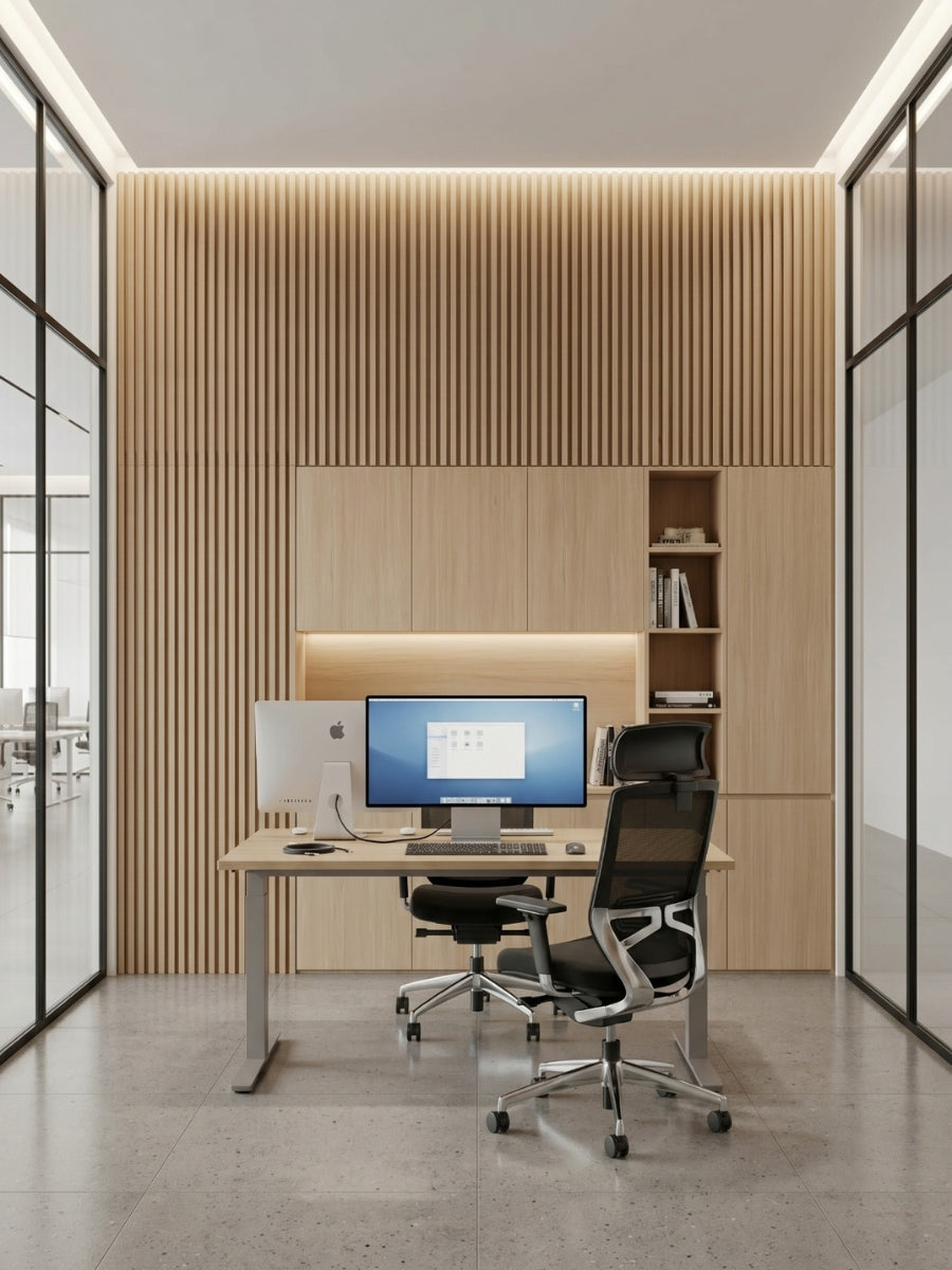 Maple Slate WPC fluted wall panels installed behind a modern office workstation