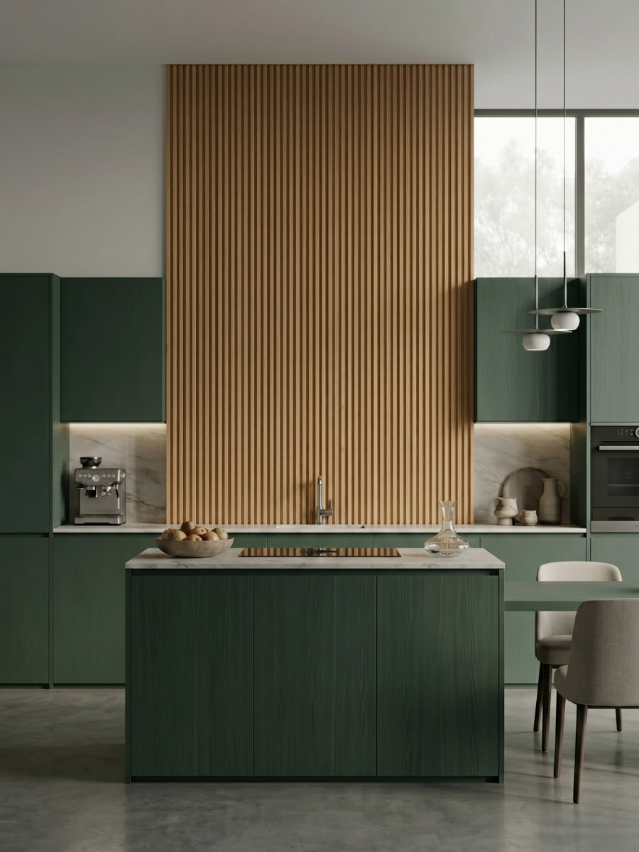 Maple Slate fluted wall panels forming a tall kitchen accent above the sink