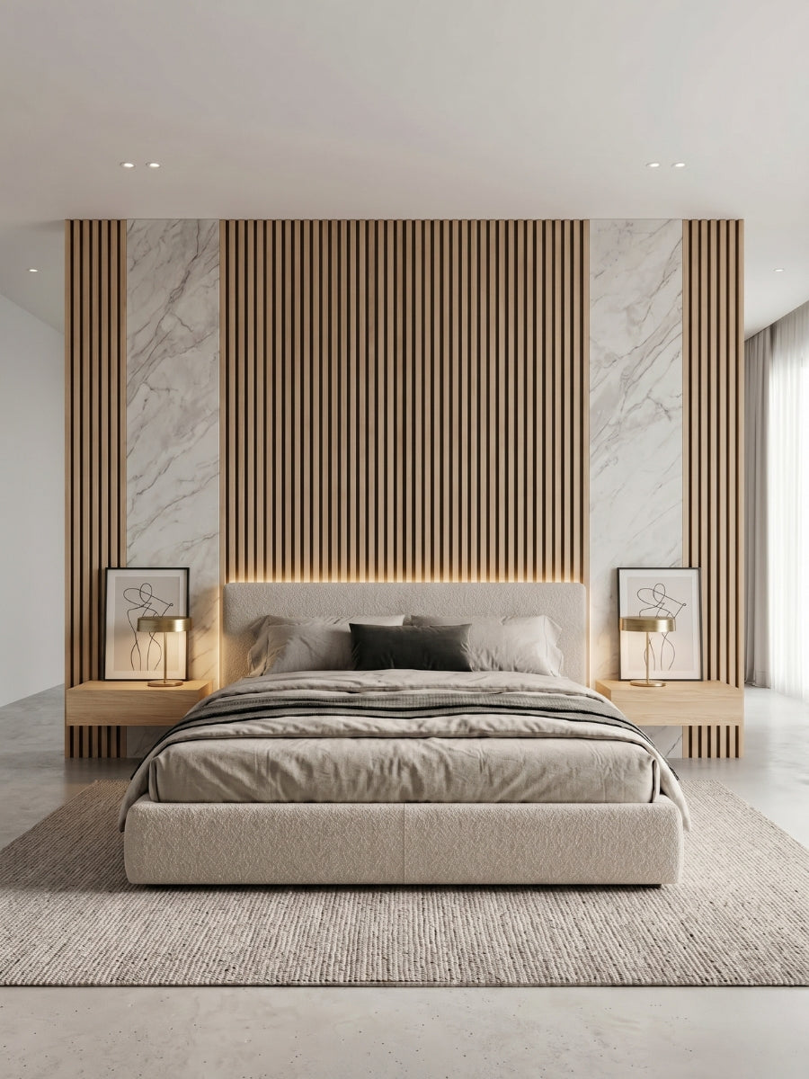 Maple Slate black fluted panels for stylish bedroom accent wall design
