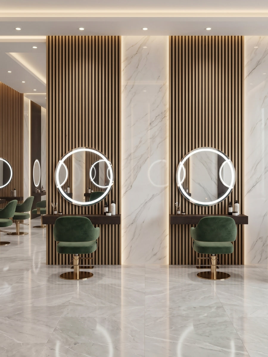 Stylish salon interior wall with maple slate black fluted panels