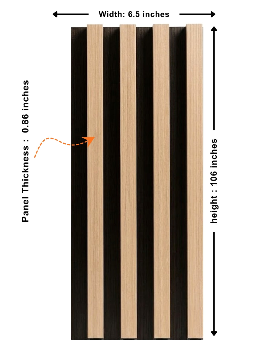Maple Slate Black WPC fluted wall panel diagram showing 6.5-inch width, 106-inch height, and 0.86-inch thickness