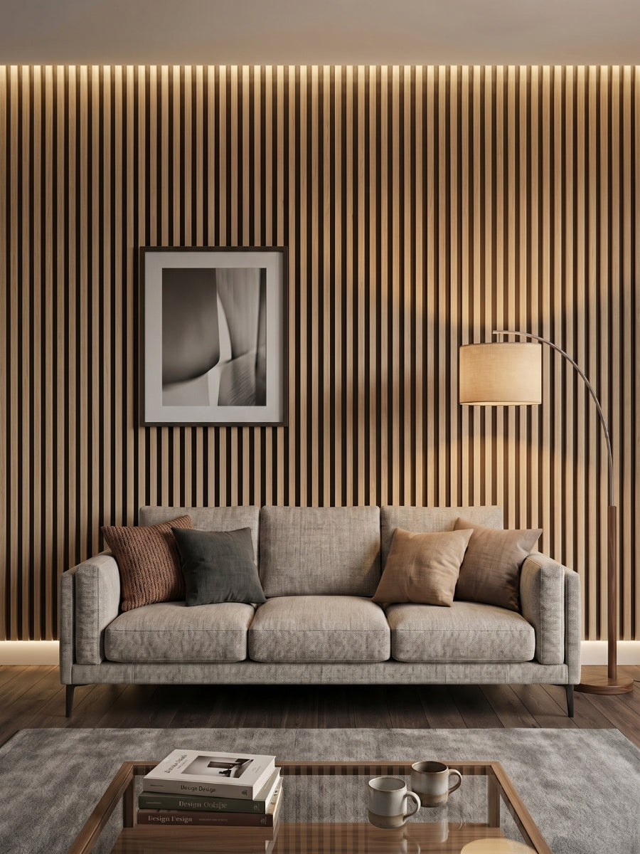 Maple Slate Black WPC fluted 3D wall panels installed behind a gray sofa in a modern living room
