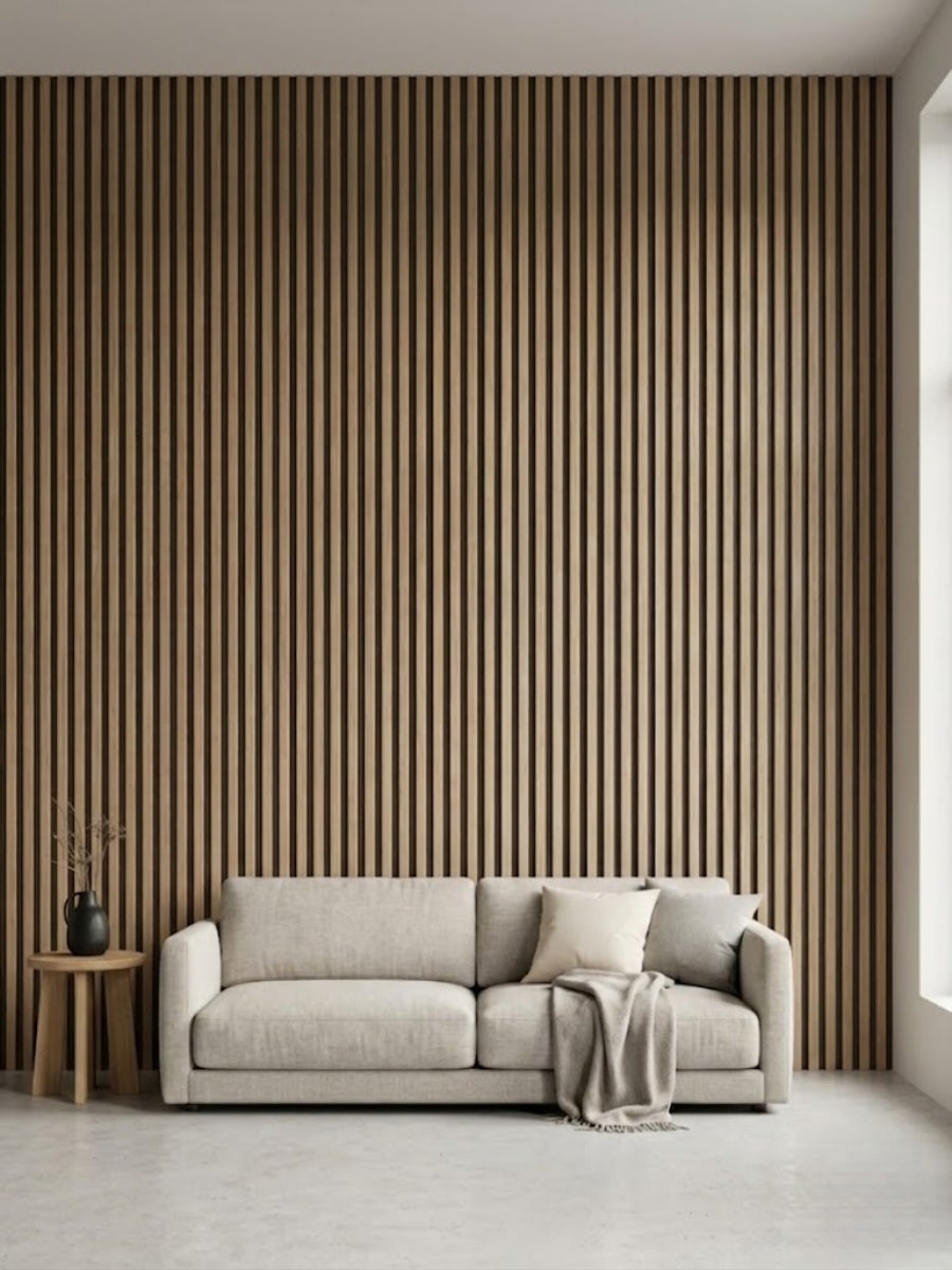 Floor-to-ceiling Maple Slate Black fluted wall panels behind a neutral sofa