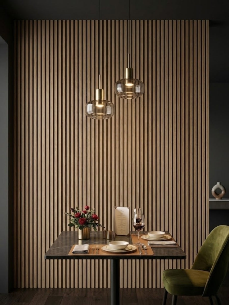 Maple Slate Black WPC fluted accent wall in a dark dining area with pendant lights