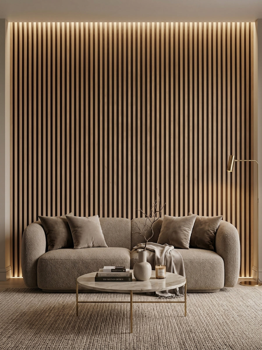 Illuminated Maple Slate Black fluted wall panels behind a curved sofa in a modern lounge