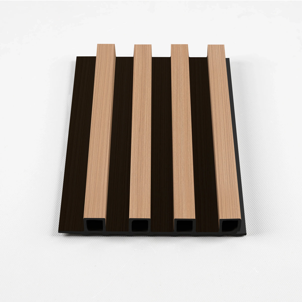 Maple and black WPC fluted wall panel sample with light wood-look ribs and dark grooves