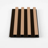 Maple and black WPC fluted wall panel sample with light wood-look ribs and dark grooves