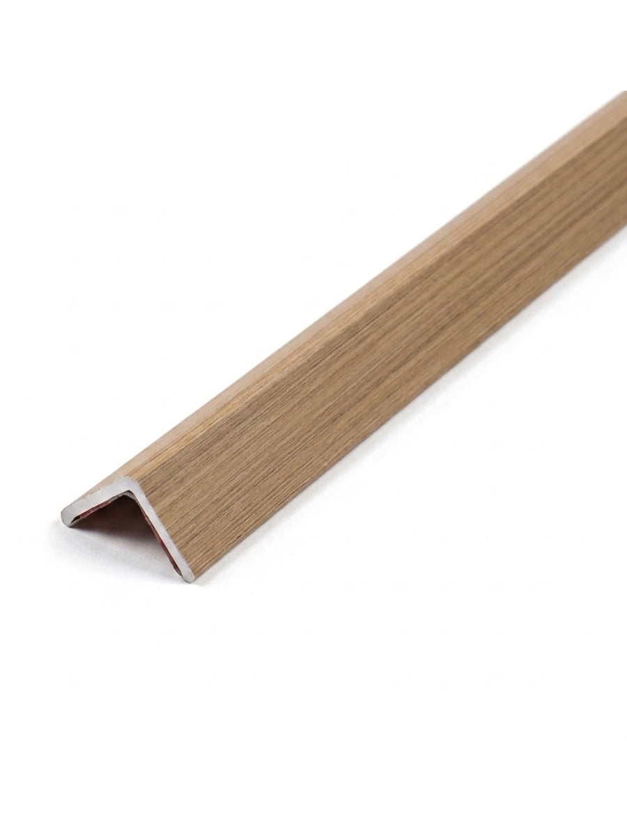 L-shaped acoustic and fluted wall panel trim with a warm tan wood-grain finish