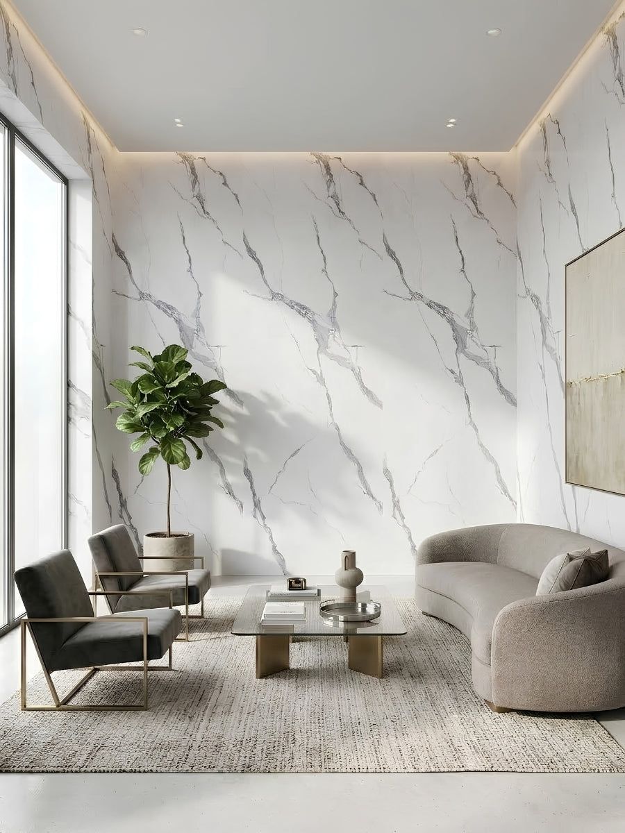 Modern living room with Matte Calacatta Belga PVC marble sheets covering the white and gray veined walls