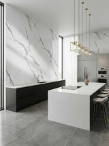 Contemporary kitchen with white and gray Matte Calacatta Belga PVC marble sheets on the walls