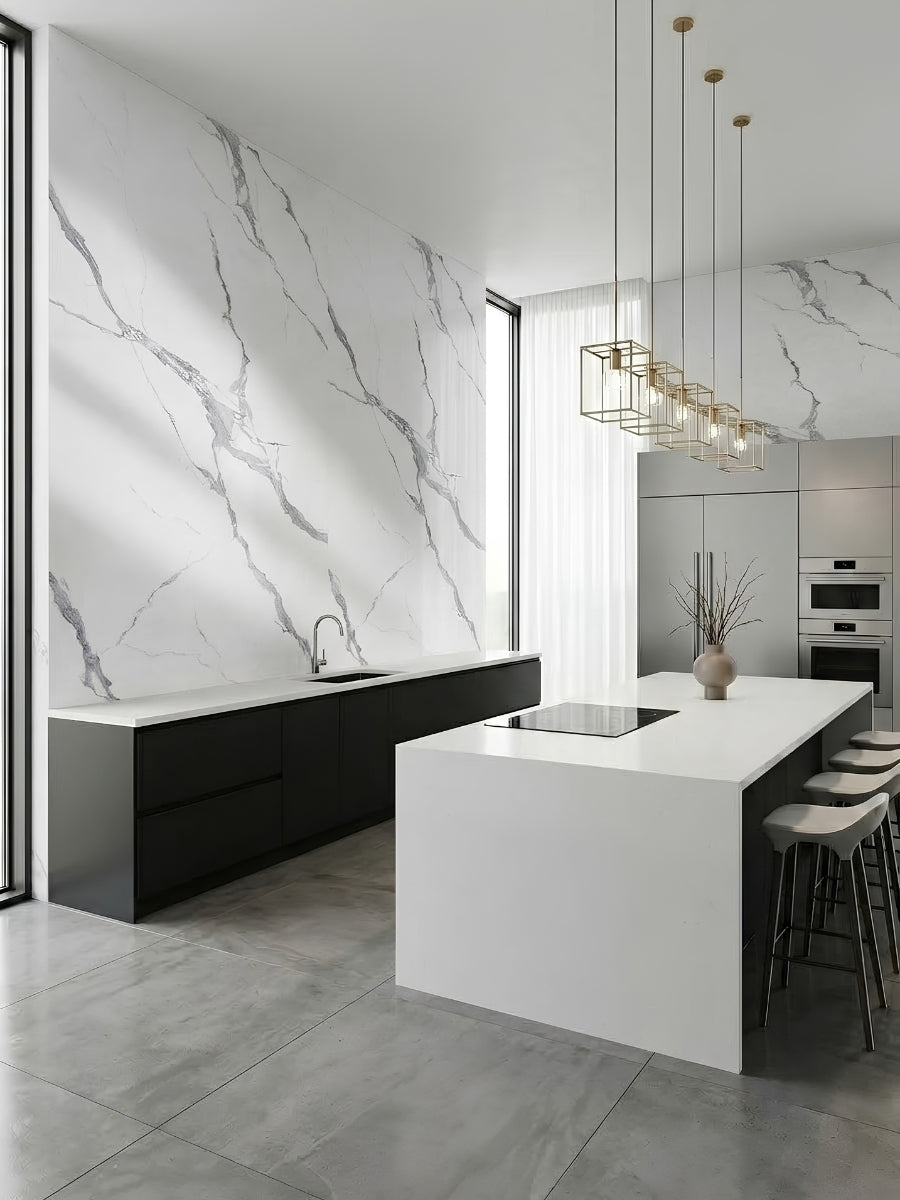 Contemporary kitchen with white and gray Matte Calacatta Belga PVC marble sheets on the walls
