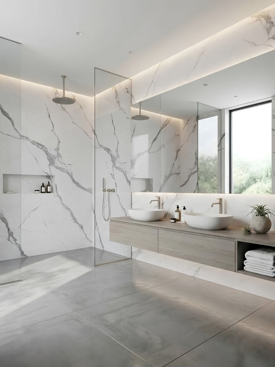 Spacious bathroom with Matte Calacatta Belga PVC marble wall panels around a glass shower and double vanity