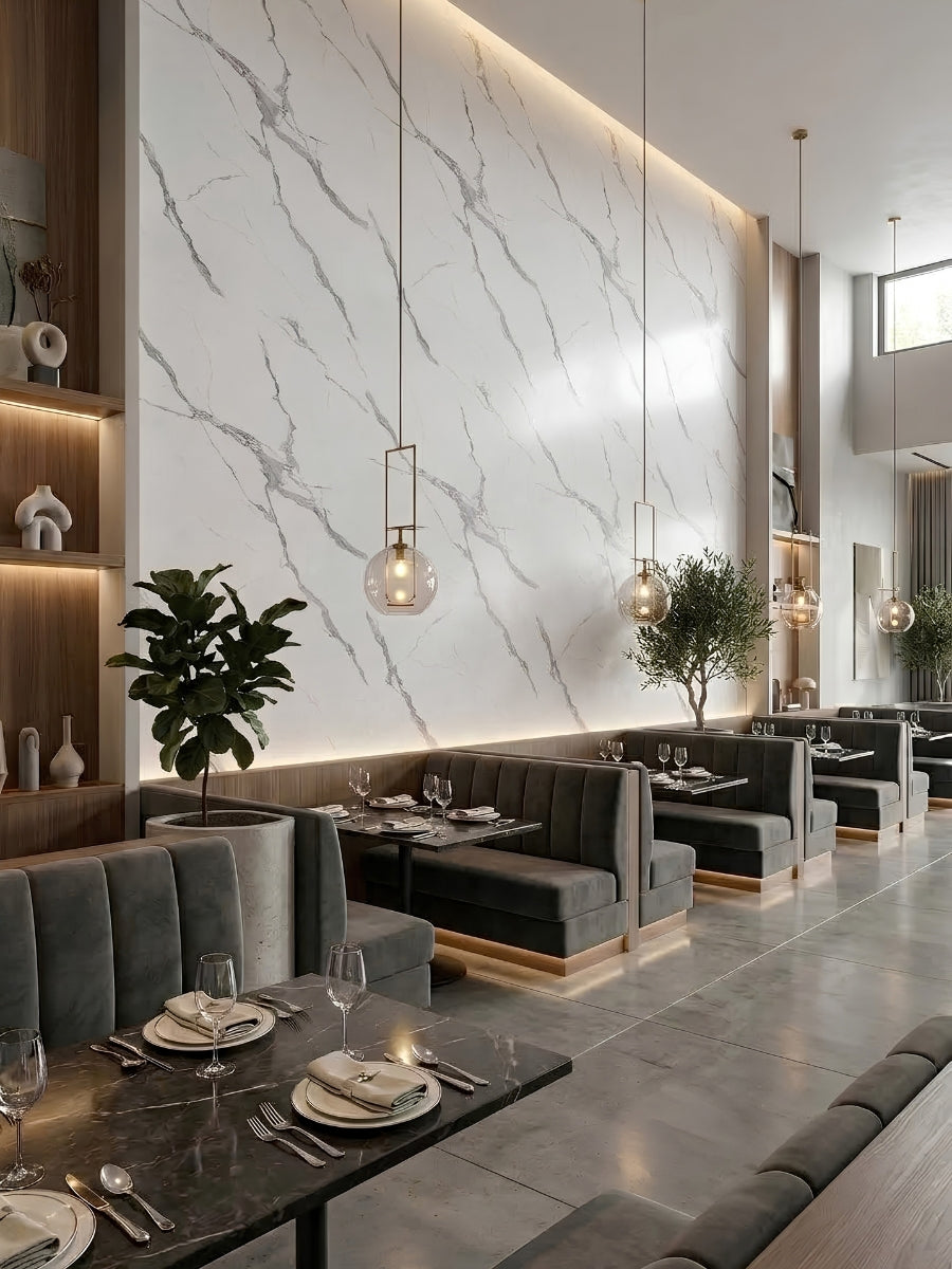 Elegant restaurant interior featuring a tall accent wall clad in Matte Calacatta Belga PVC marble sheets