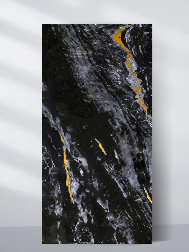 Black PVC marble sheet sample with textured gray streaks and narrow gold veins