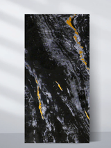 Black PVC marble sheet sample with textured gray streaks and narrow gold veins