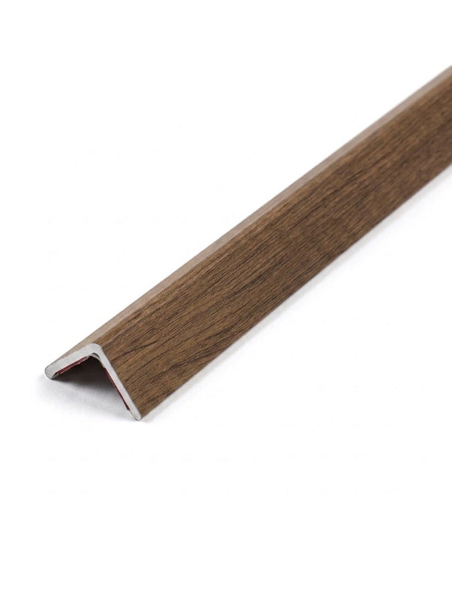 L-shaped acoustic and fluted wall panel trim with a warm medium-brown wood-grain finish