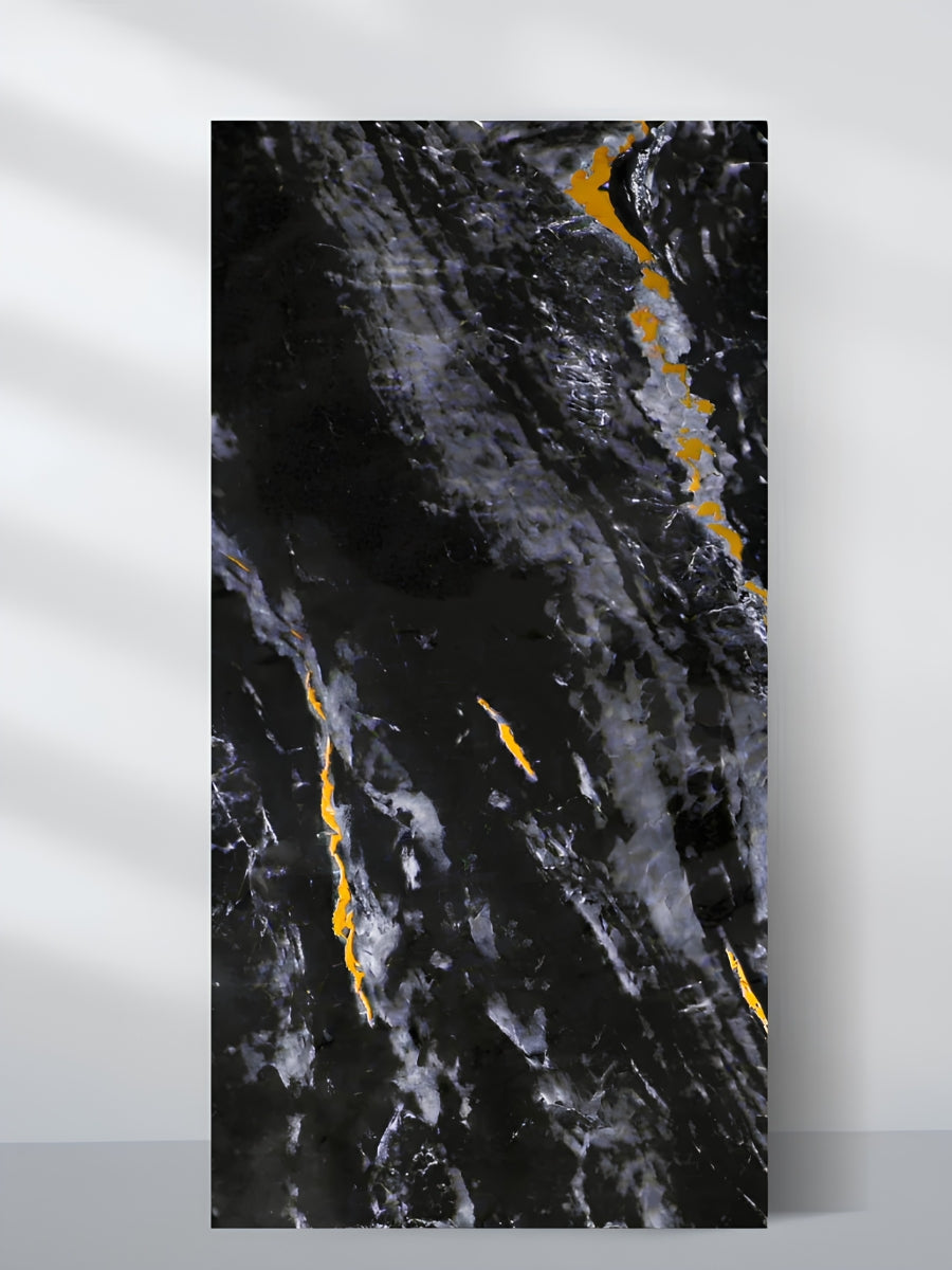 Midnight Gold Marble PVC wall panel in 4 x 8 ft size with black, gray and gold veining