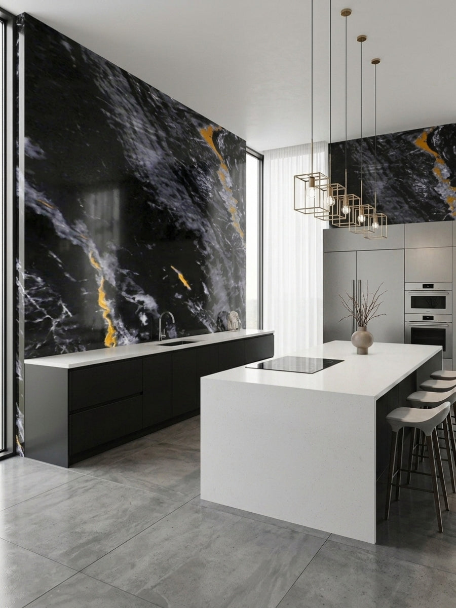 Midnight Gold Marble wall panels used as bold black and gold accents in a modern kitchen