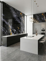 Midnight Gold Marble wall panels used as bold black and gold accents in a modern kitchen