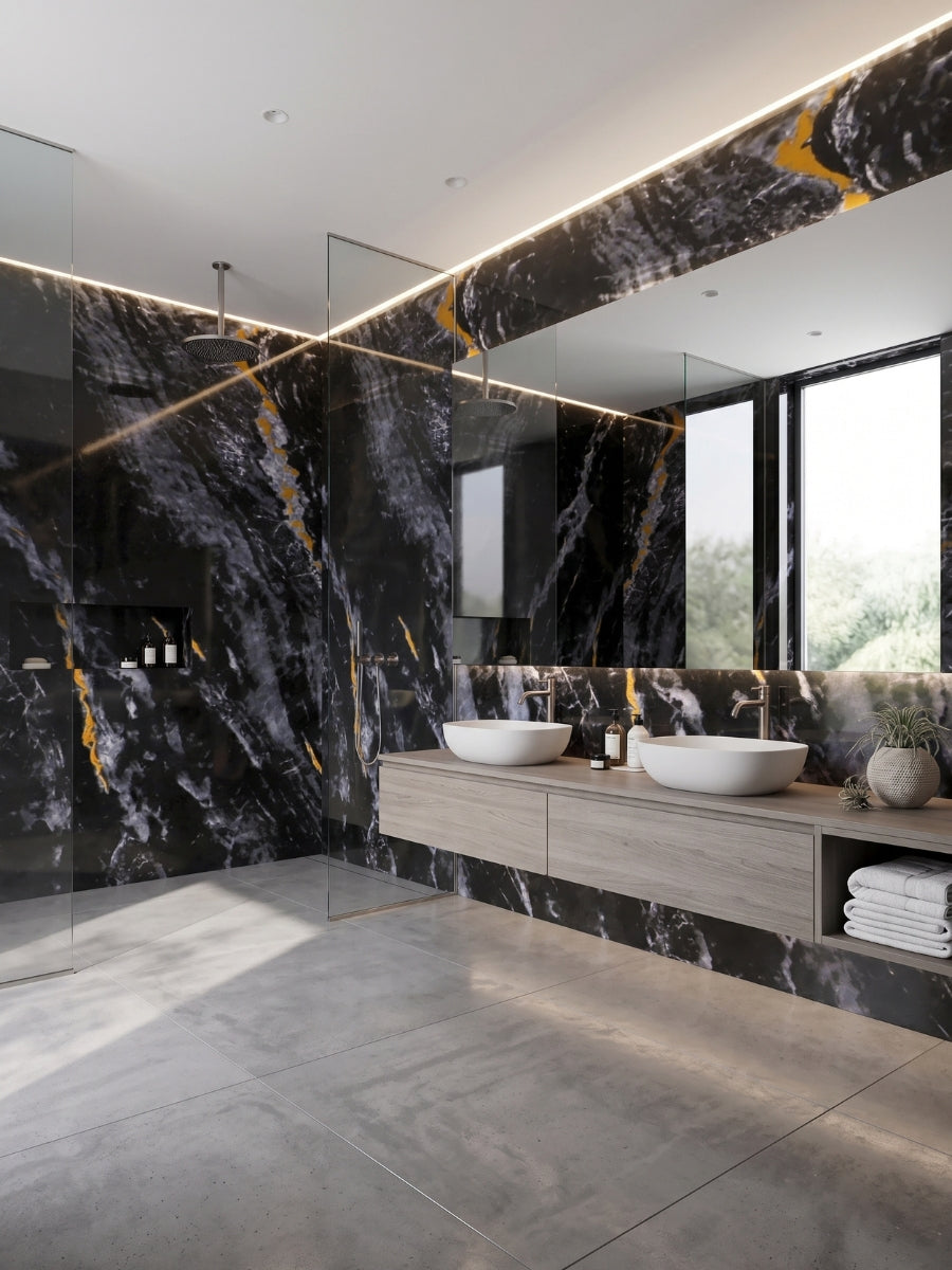 Midnight Gold Marble PVC panels covering bathroom walls around a glass shower and double vanity