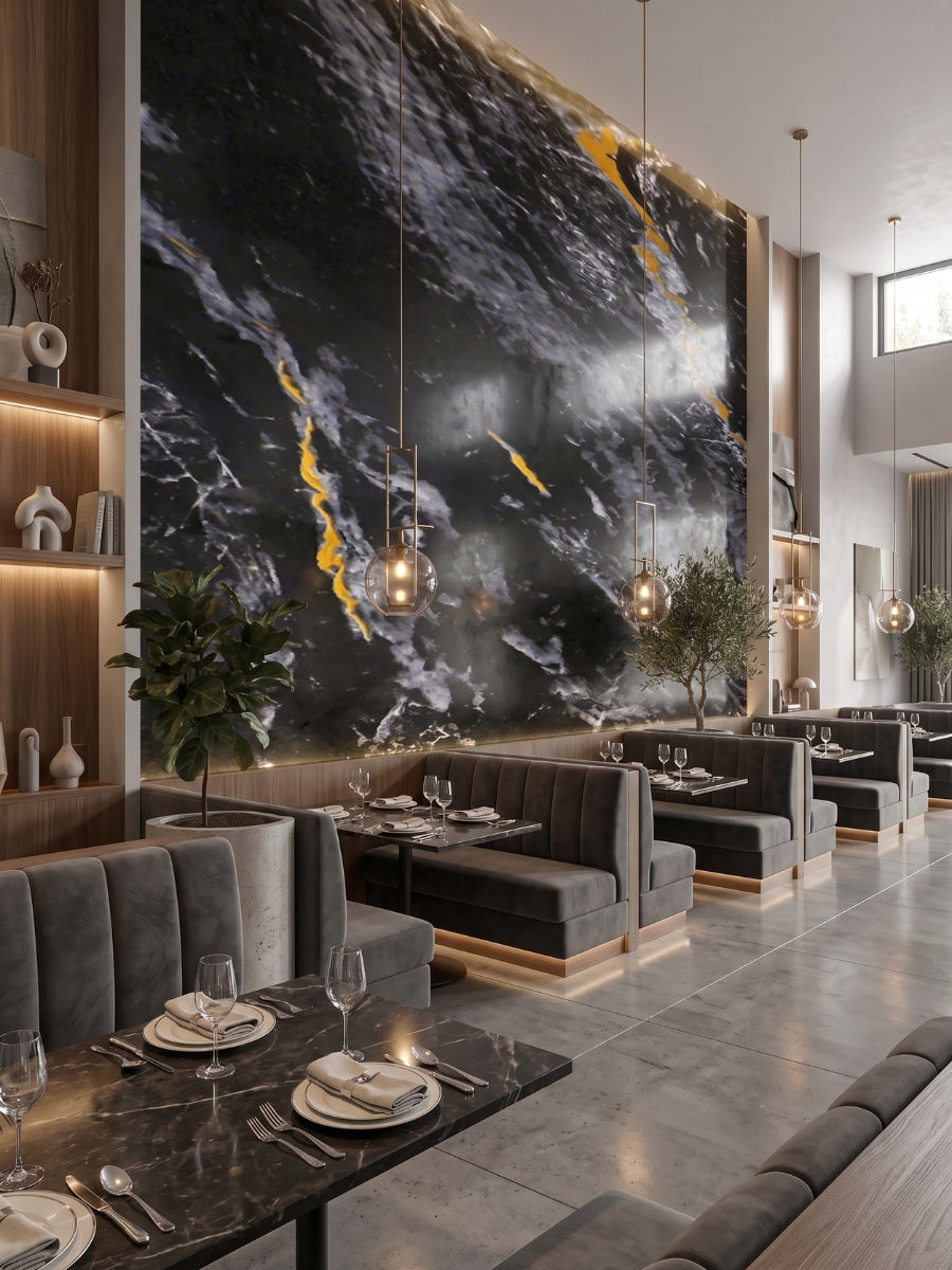 Floor-to-ceiling Midnight Gold Marble feature wall with black, gray and gold veining in a restaurant dining area