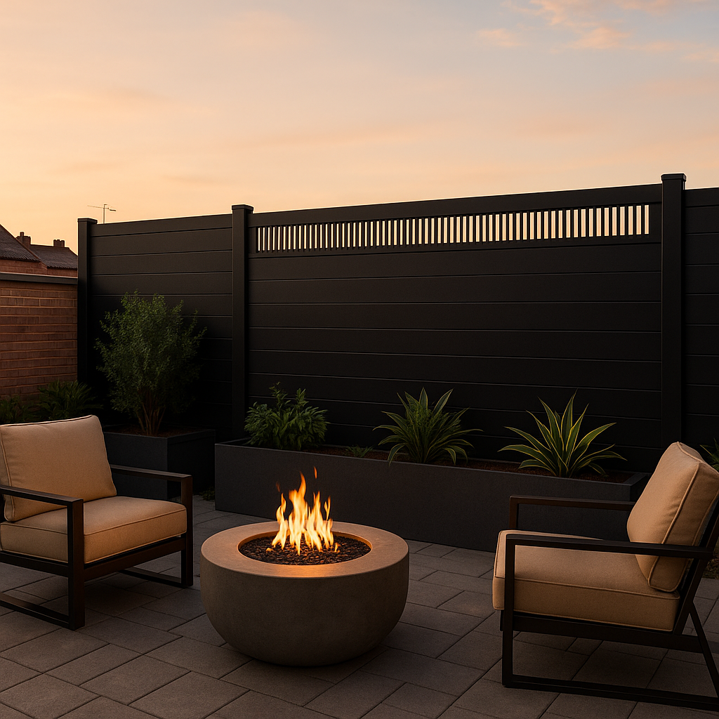Modern decorative fence screen with vertical slats topping a dark patio fence behind lounge chairs and a fire pit