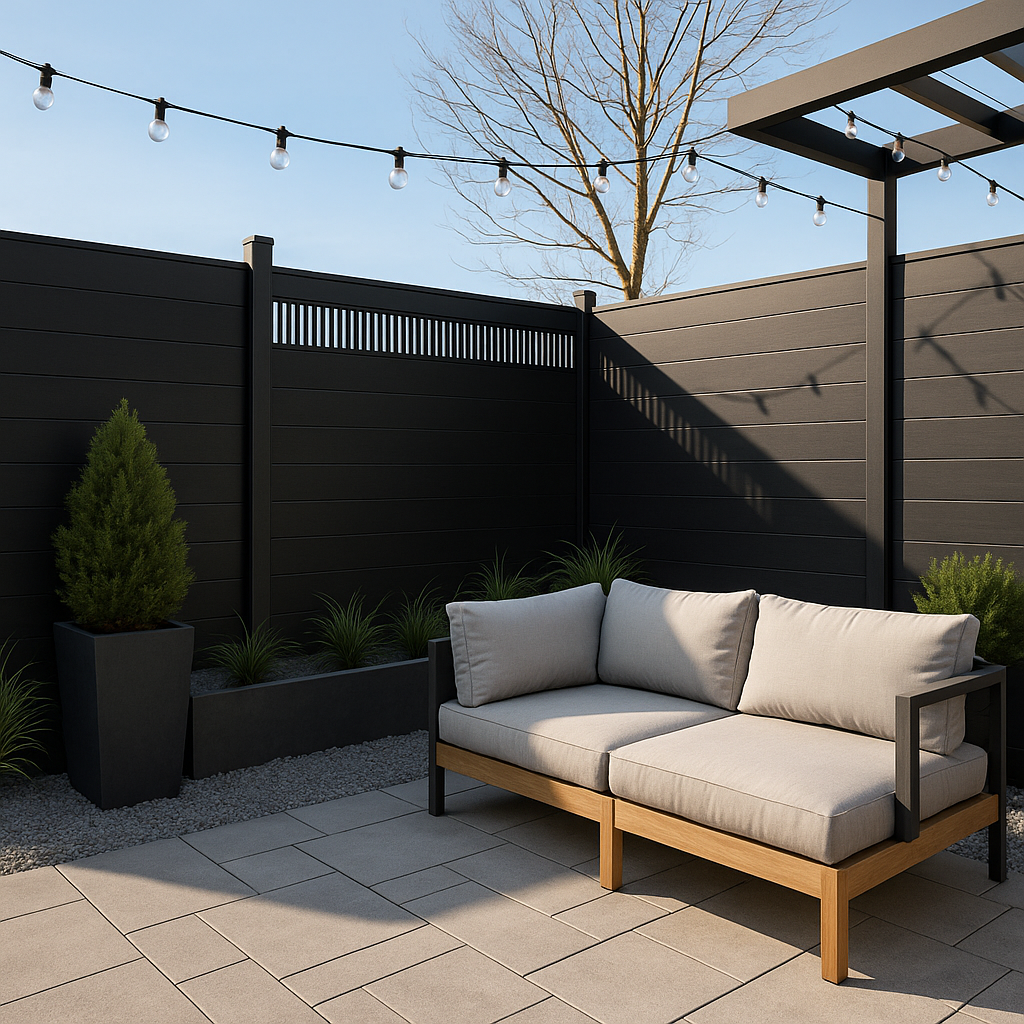 Modern decorative fence screen with vertical slats on a dark patio fence behind an outdoor sofa and string lights