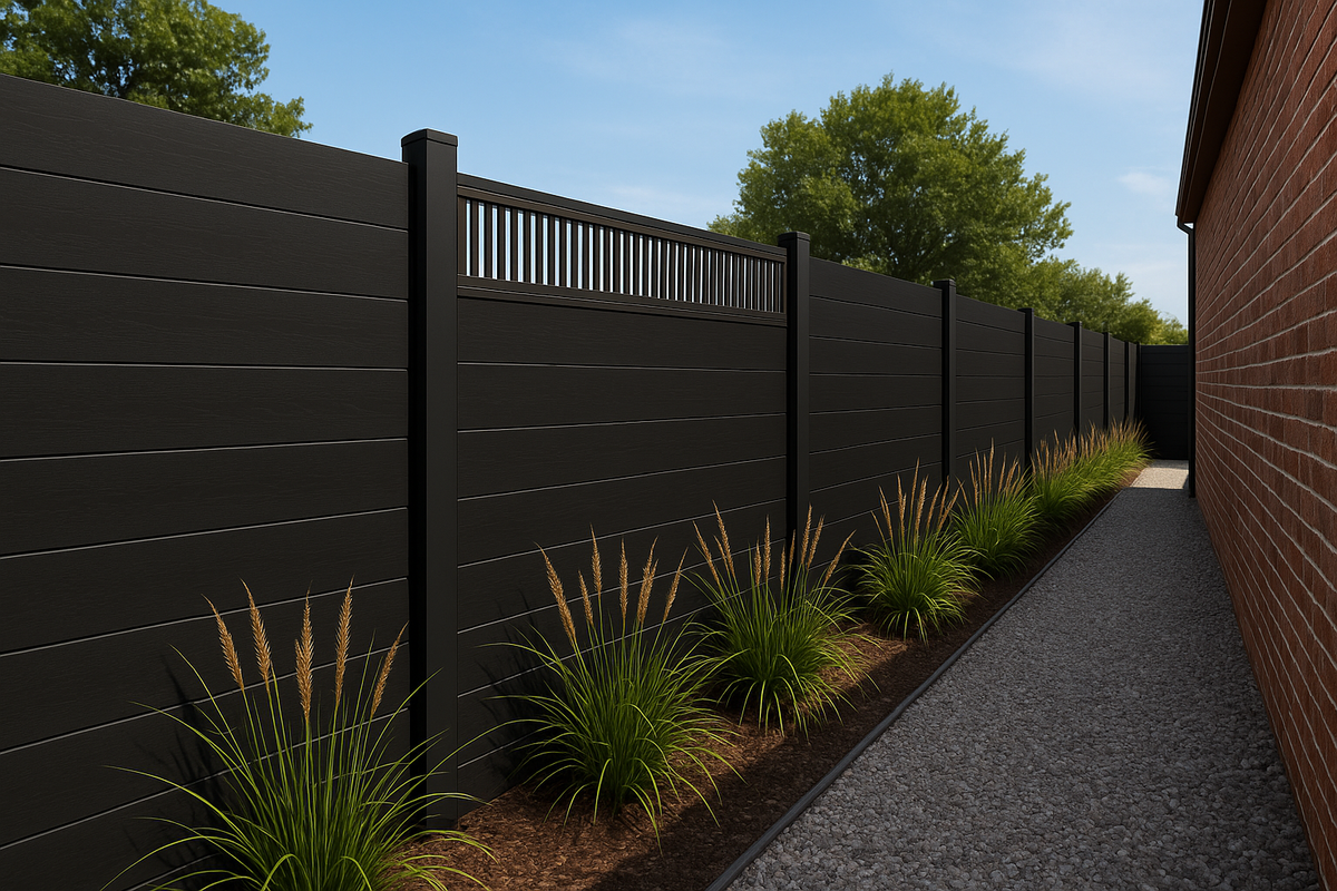 Modern decorative fence screen with vertical slats installed along a dark side-yard fence bordered by ornamental grasses
