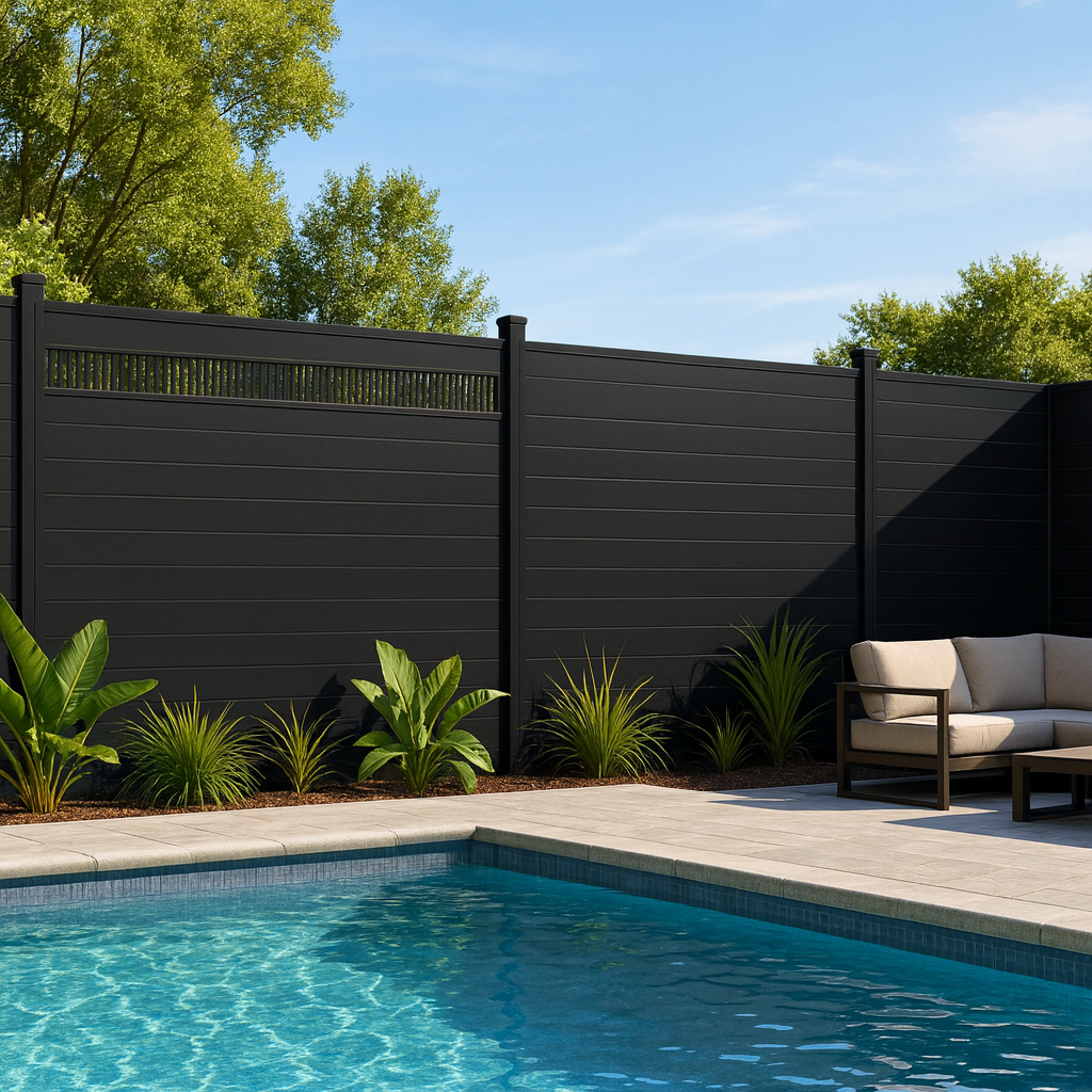 Modern decorative fence screen with vertical slats installed on a dark landscaped fence beside a swimming pool