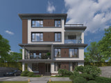 Modern multistory home with dark brown composite exterior cladding accents around large windows