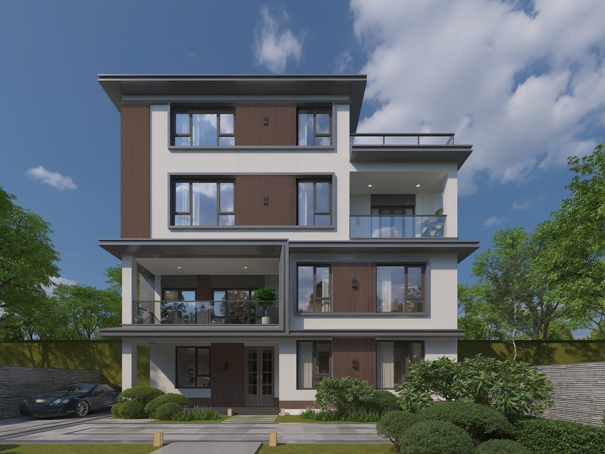 Modern multistory home with dark brown composite exterior cladding accents around large windows