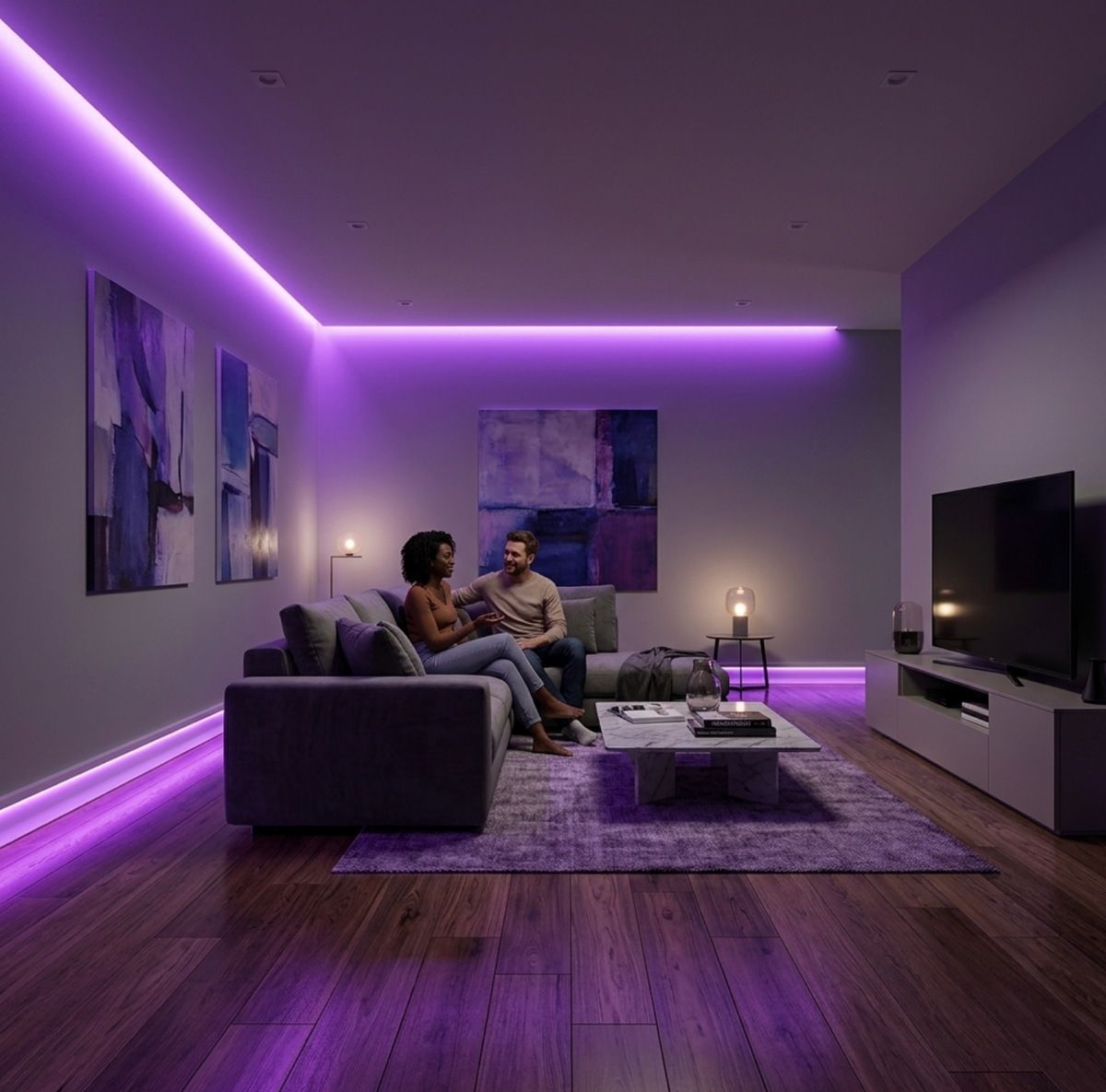 Modern living room with purple LED baseboard lighting along the floor and matching ceiling accent light
