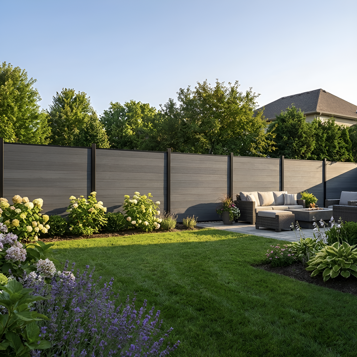 Light gray composite fence surrounding a garden with an outdoor sofa and flower beds