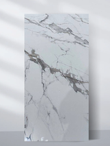White PVC marble sheet sample with broad gray diagonal veining