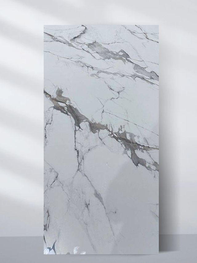 White PVC marble sheet sample with broad gray diagonal veining
