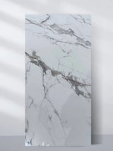 Moonlit Vein Marble UV-protected PVC wall panel with a glossy white surface, bold gray veining, and 4 x 8 ft dimensions