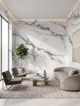 Moonlit Vein marble-look PVC panels installed as a white and gray feature wall in a modern living room