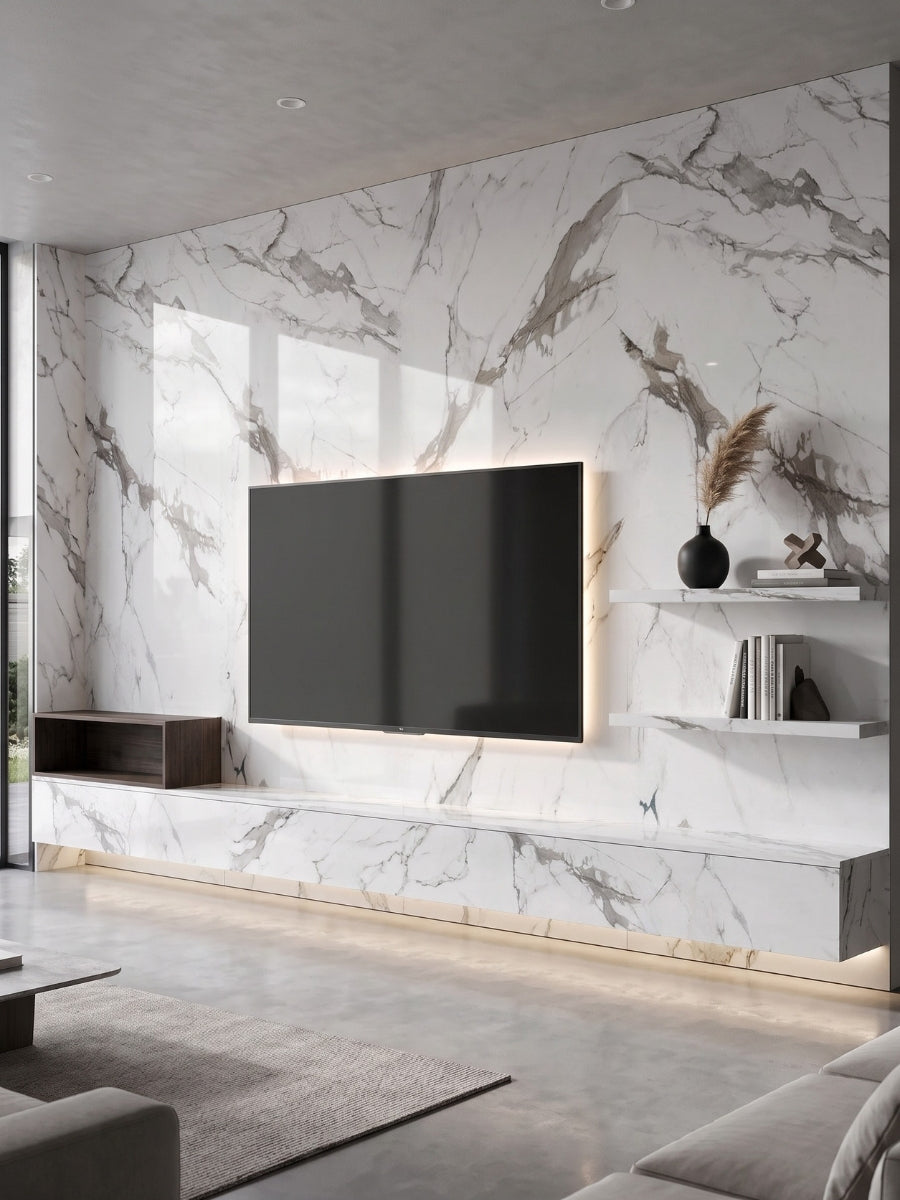 Modern TV feature wall clad in glossy Moonlit Vein PVC panels with dramatic gray marble veining
