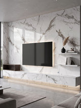 Modern TV feature wall clad in glossy Moonlit Vein PVC panels with dramatic gray marble veining