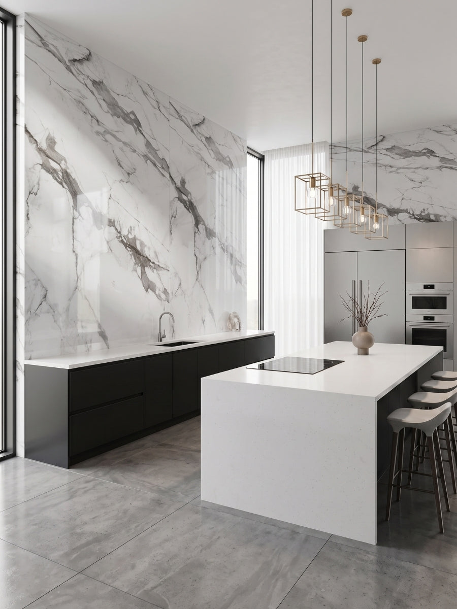 Moonlit Vein marble-look PVC wall panels surrounding black cabinets in a bright modern kitchen