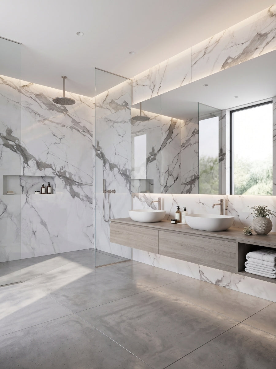 Modern bathroom and walk-in shower lined with white Moonlit Vein PVC panels featuring gray marble veining
