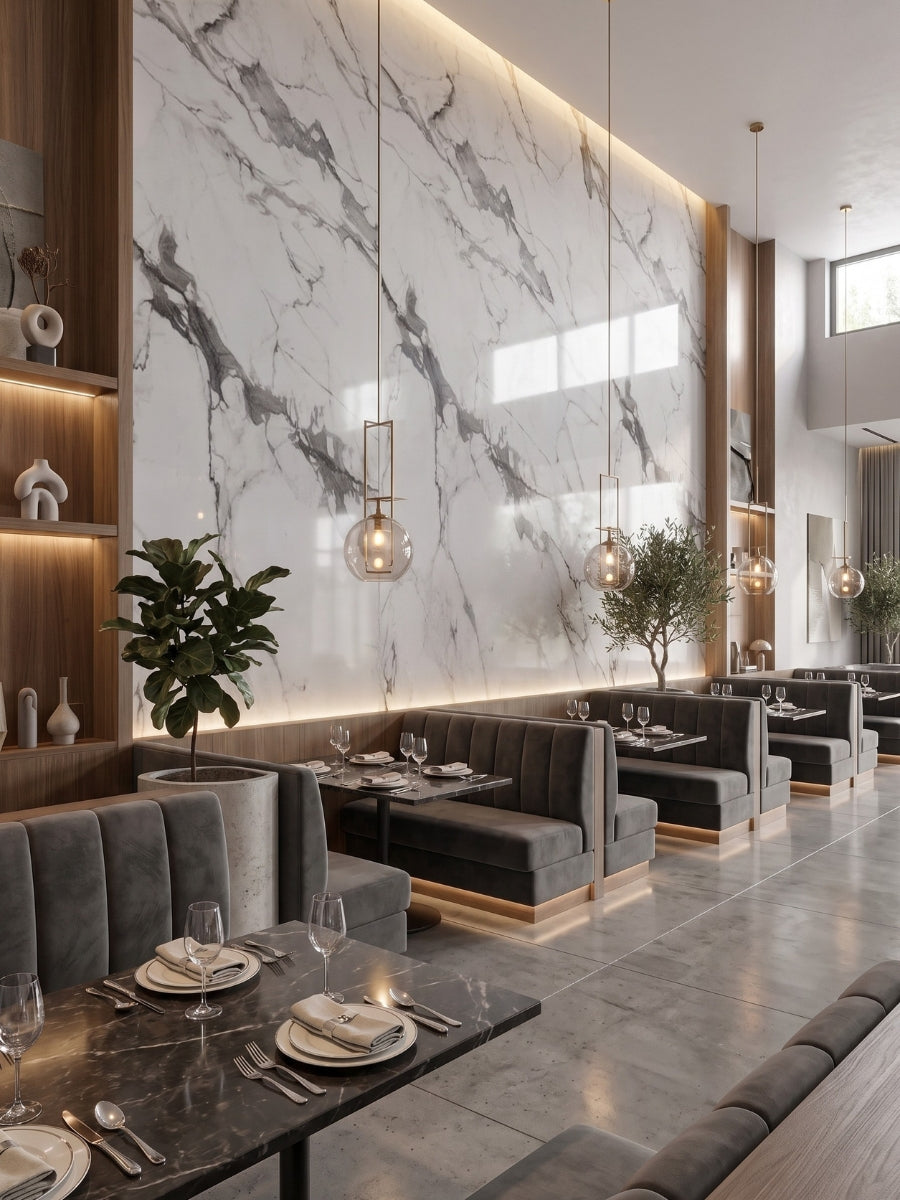 Glossy Moonlit Vein marble-look PVC panels creating a tall feature wall in an elegant restaurant dining area