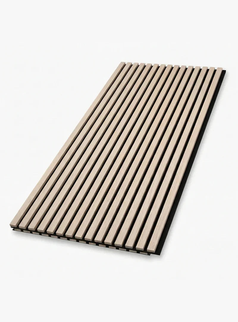 Light beige wood slat acoustic panel sample with evenly spaced black gaps